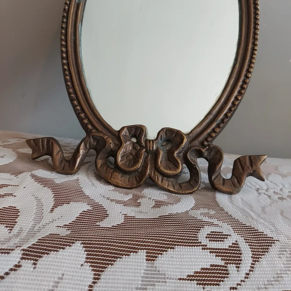 Vintage Ornate Oval Vanity Mirror Bronze Cast Metal Shell Ribbon Bow 14x7.75in